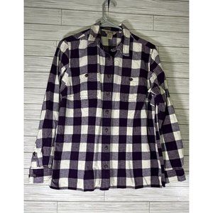 Duluth Trading Womens Medium Button Up Flannel Purple White‎ Shirt Cotton Plaid